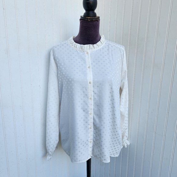 LOFT Tops - Ann Taylor Polka Dot Long Sleeve Blouse Satin Dots Ivory Off White Ruffle Neck M
